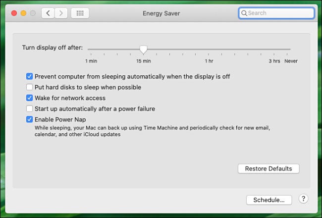 Préférences système Mac Volet Préférences d'économie d'énergie