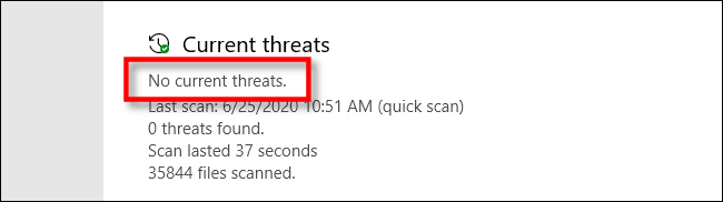 Aucune menace actuelle dans Microsoft Defender sur Windows 10