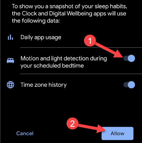 Basculer "Détection de mouvement et de lumière pendant votre heure de coucher programmée," puis appuyez sur "Autoriser."
