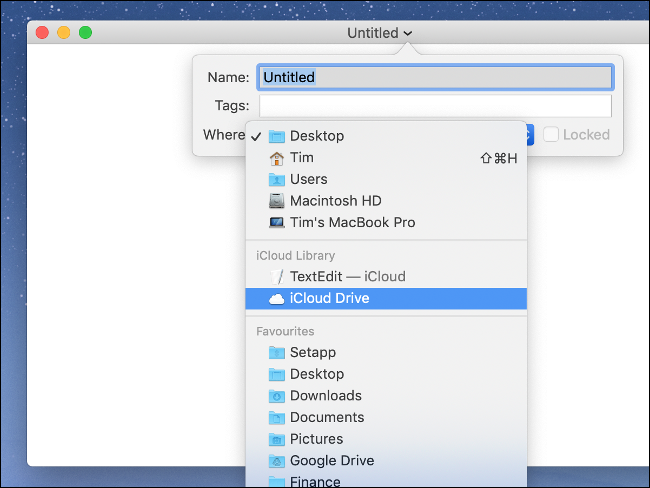 Sélectionner "Lecteur iCloud" lors de l'enregistrement de documents dans iCloud via macOS.