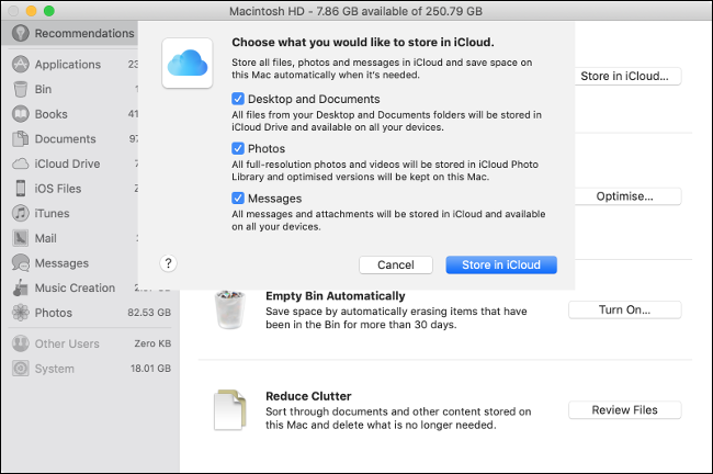 le "Choisissez ce que vous souhaitez stocker dans iCloud" menu sur macOS.