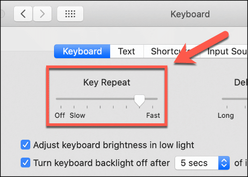 Déplacez le curseur de répétition des touches de haut en bas pour influer sur la vitesse de répétition du clavier de votre Mac
