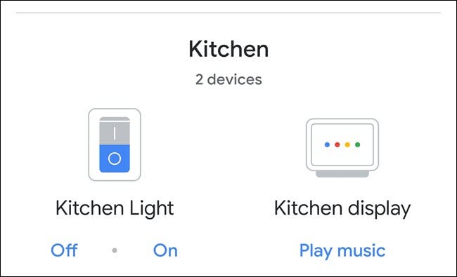 Groupe de salles de cuisine Google Home, affichant la lumière et l'affichage du hub Nest.