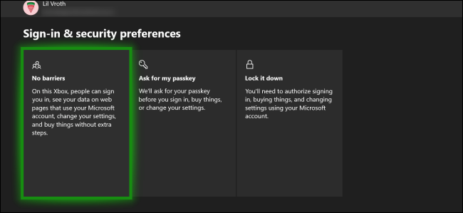 La Xbox One "Préférences de connexion et de sécurité" menu.