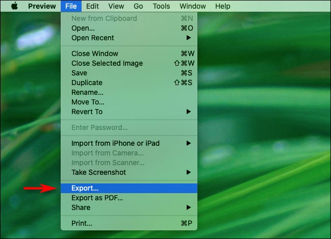 Dans Aperçu sur Mac, sélectionnez "Exportation" du "Fichier" menu.