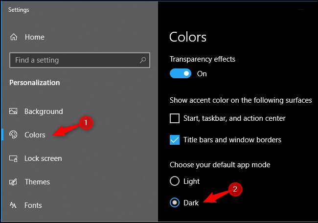 Activation du mode d'application sombre à l'échelle du système sur Windows 10