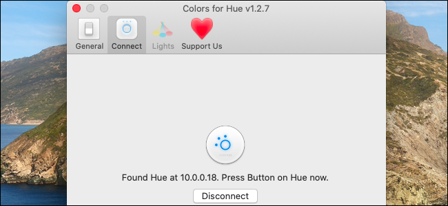 En appuyant sur le bouton Hue pour connecter Colors for Hue.