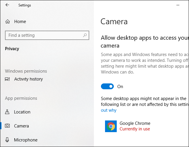 Paramètres de l'appareil photo Windows 10 indiquant quelle application utilise votre appareil photo