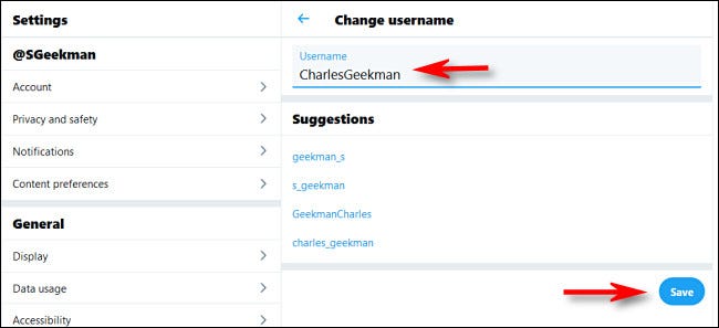 Dans Twitter sur le Web, saisissez le nouveau nom d'utilisateur et cliquez sur "Sauvegarder."