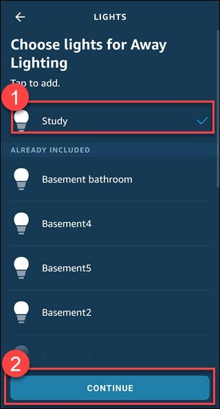 Application Alexa avec boîte autour d'une lumière à ajouter et le bouton Continuer.