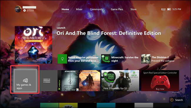 Application Xbox One avec boîte autour de l'option Mes jeux et applications.