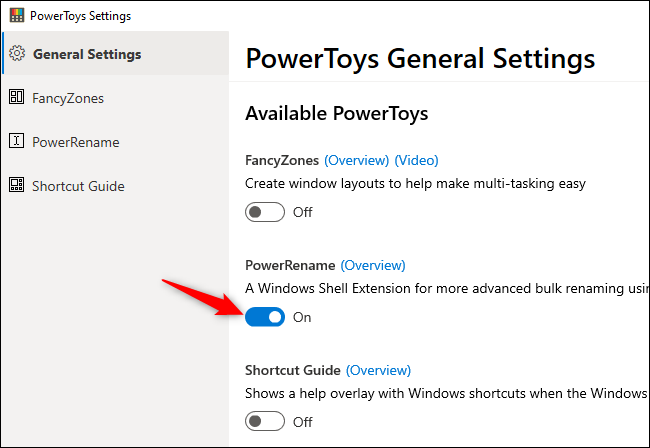 Activation de l'extension de shell Windows PowerRename dans les paramètres PowerToys.