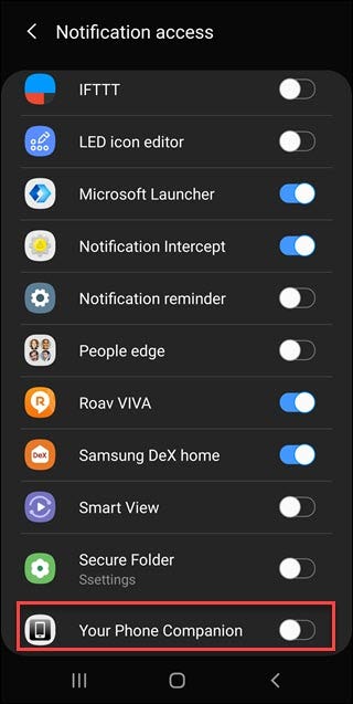 Paramètres d'accès aux notifications Android avec boîte autour de la bascule de votre compagnon de téléphone.