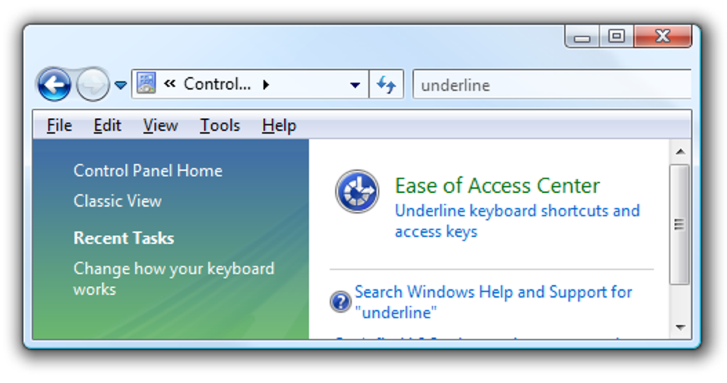 Afficher les touches d'accès aux raccourcis clavier dans Windows Vista