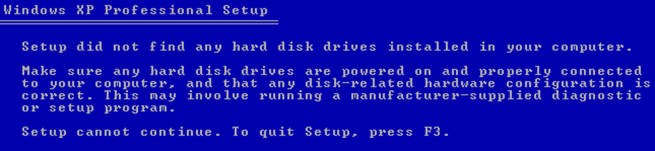 Résolution du message "Le programme d'installation n'a trouvé aucun disque dur" pendant l'installation de Windows XP