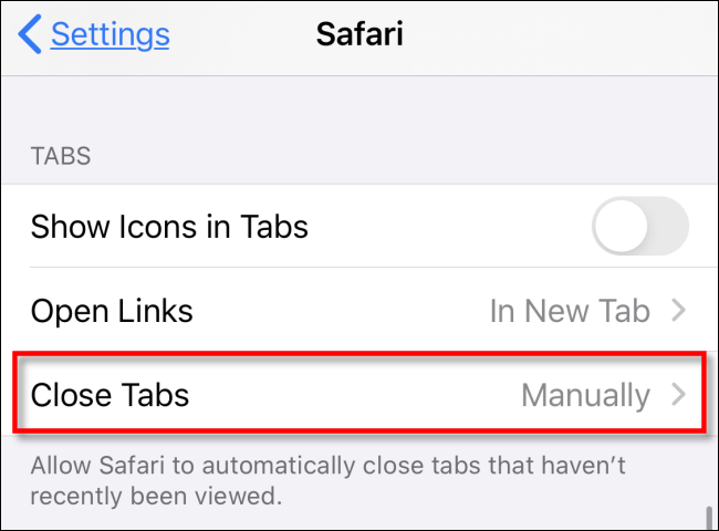 Appuyez sur Fermer les onglets dans les paramètres Safari sur iPhone