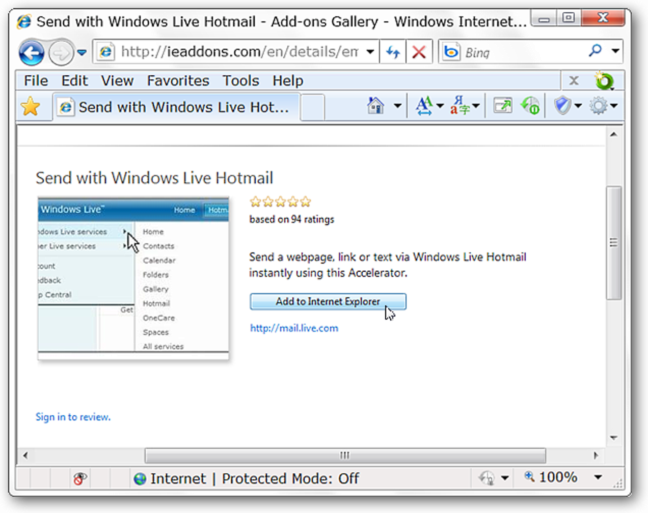 Envoyer du texte et des liens via Windows Live Hotmail dans IE 8