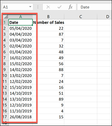 Un exemple d'ensemble de données Excel, avec des données triées par date la plus récente à la plus ancienne