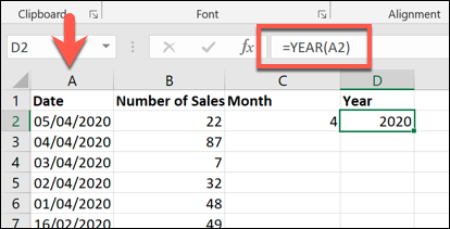 Les fonctions MOIS et ANNÉE, affichées dans une feuille de calcul Microsoft Excel