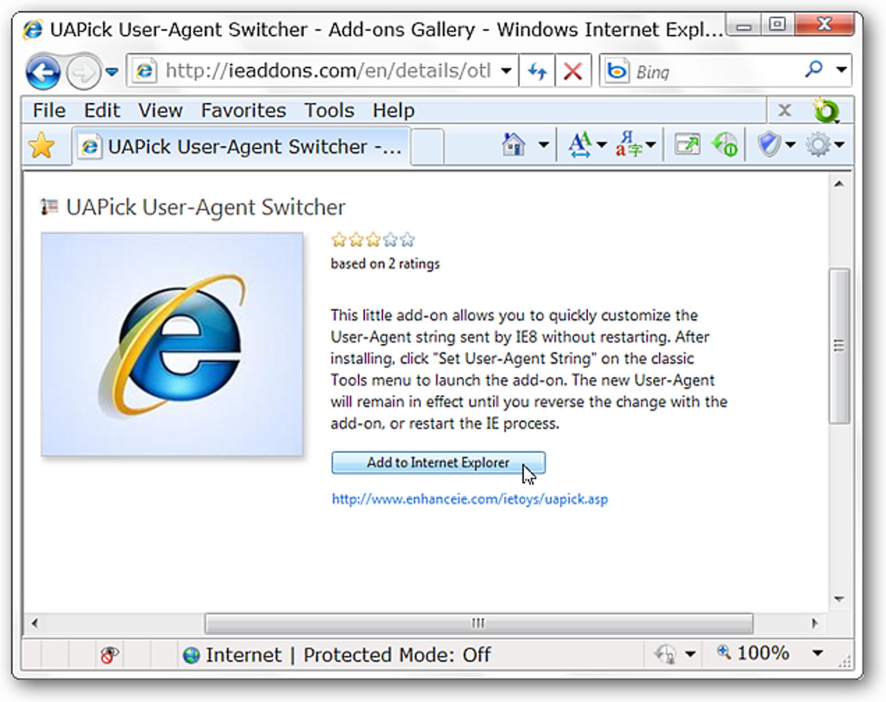Modifier la chaîne de l'agent utilisateur dans Internet Explorer 8