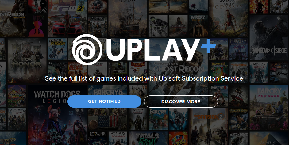 Logo Uplay Plus sur fond de plusieurs images de couverture de jeux vidéo.