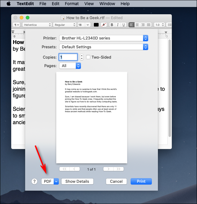 Cliquez sur le menu déroulant PDF dans macOS