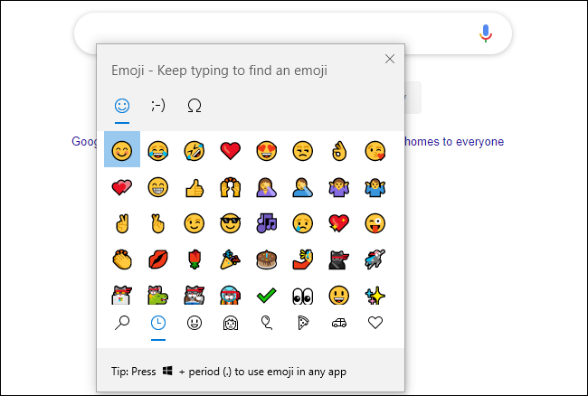 Panneau Emoji dans Google Chrome sur Windows 10