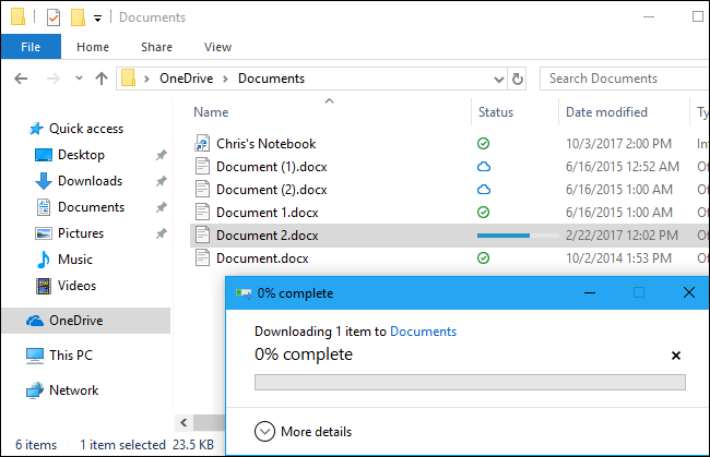 OneDrive téléchargement d'un fichier dans l'Explorateur de fichiers