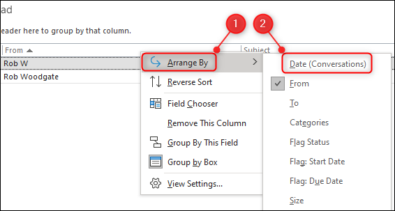 Cliquez sur "Organiser par," puis sélectionnez "Date (conversations)" dans Outlook.