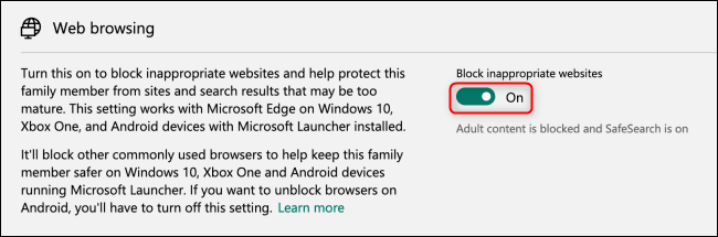 Bascule de blocage de la navigation Web du groupe familial Microsoft