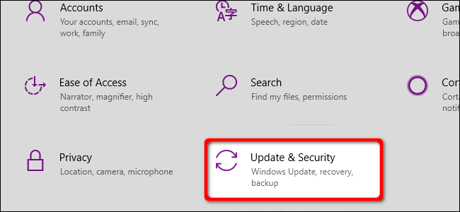 Windows 10 Sélectionnez Mise à jour et sécurité