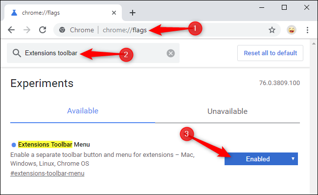 Activation du nouveau menu de la barre d'outils Extensions de Chrome sur la page des indicateurs