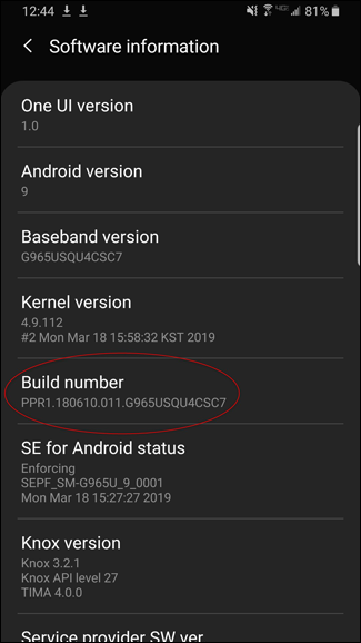 Option de numéro de build dans les paramètres du téléphone Android