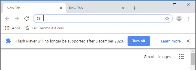 "Flash Player ne sera plus pris en charge après décembre 2020" message de bannière dans Google Chrome.