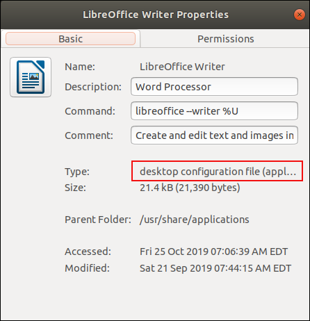 Boîte de dialogue des propriétés du fichier .desktop de LibreOffice Writer.