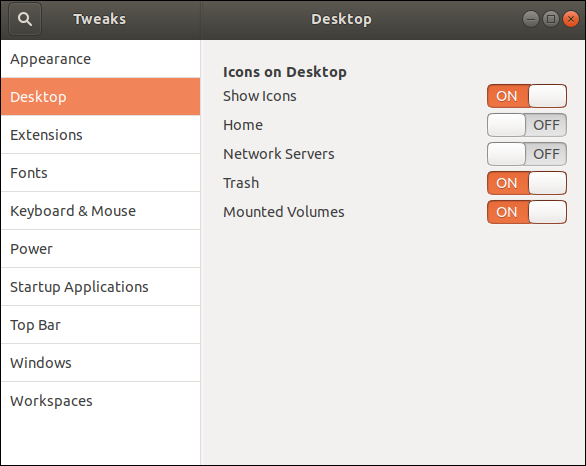Les paramètres du bureau dans la fenêtre de l'application dans Ubuntu 18.04