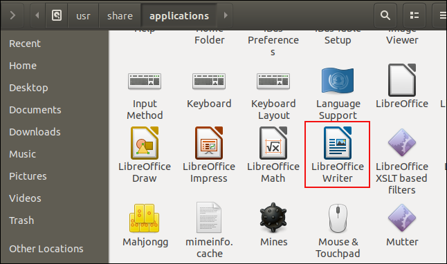 Fenêtre Fichiers affichant l'icône LibreOffice Writer