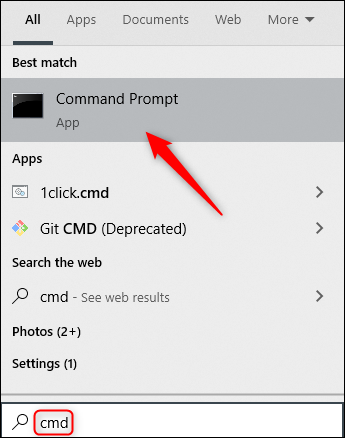Application d'invite de commandes dans Windows Search