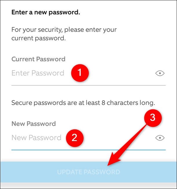 App mobile Ring Entrez le mot de passe actuel et le nouveau mot de passe.  Appuyez sur le bouton Mettre à jour le mot de passe