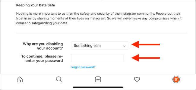 Sélectionnez la raison et entrez votre mot de passe Instagram
