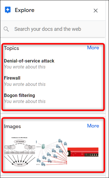 Si Google Explore trouve des sujets connexes dans votre document, il les propose dès que l'outil s'ouvre.