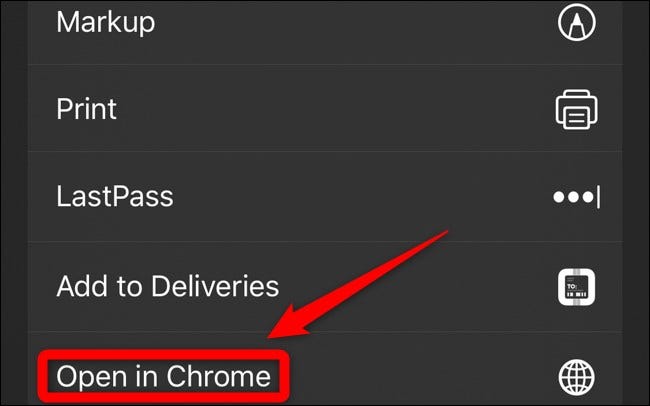 Feuille de partage iOS iPadOS ouverte dans Chrome