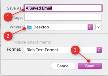 Apple Mail "Enregistrer sous" boîte de dialogue avec le nom du fichier, l'emplacement et le bouton Enregistrer en surbrillance.