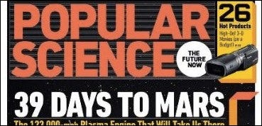 En-tête du magazine Popular Science, montrant 39 jours avant mars.