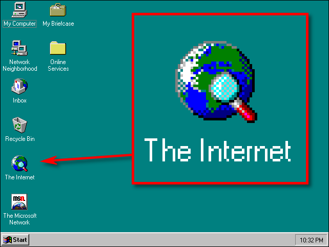 "L'Internet" icône de navigateur Web sur un bureau Windows 95.