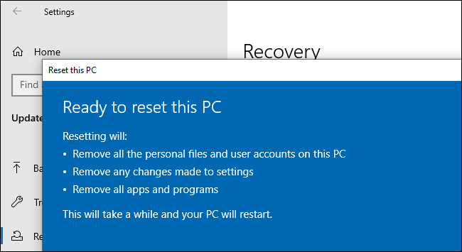 Réinitialiser un PC à partir de l'application Paramètres de Windows 10.