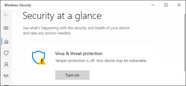 Sécurité Windows recommandant la protection contre les falsifications.