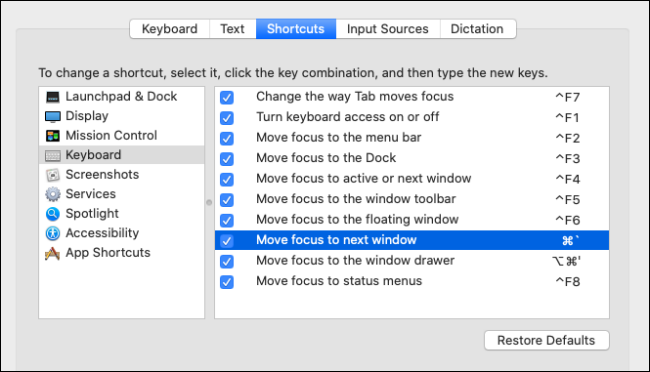 Définition de raccourcis clavier pour basculer entre les applications ouvertes et Windows sur Mac