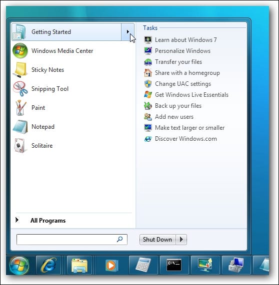 Tâches du menu Démarrer de Windows 7