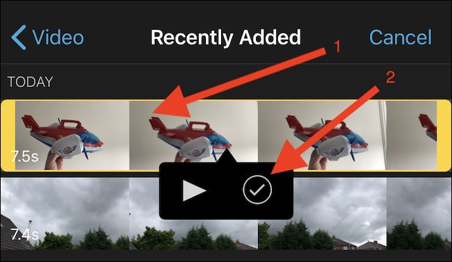 Accédez à la vidéo qui sera utilisée comme base pour le nouveau projet et appuyez dessus.  Appuyez ensuite sur le bouton coche.